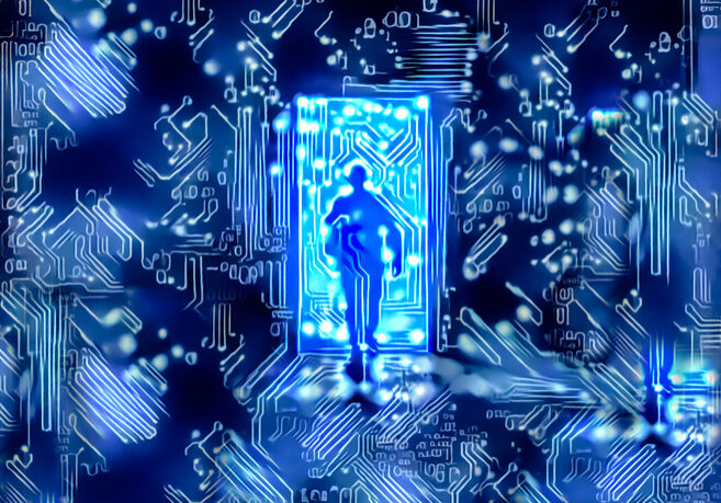 Blue toned mysterious digital man walking through electronic door in between curcuits and matrix like streams