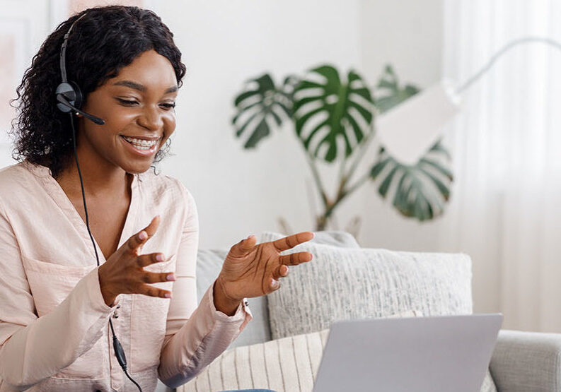 woman talking on headphones